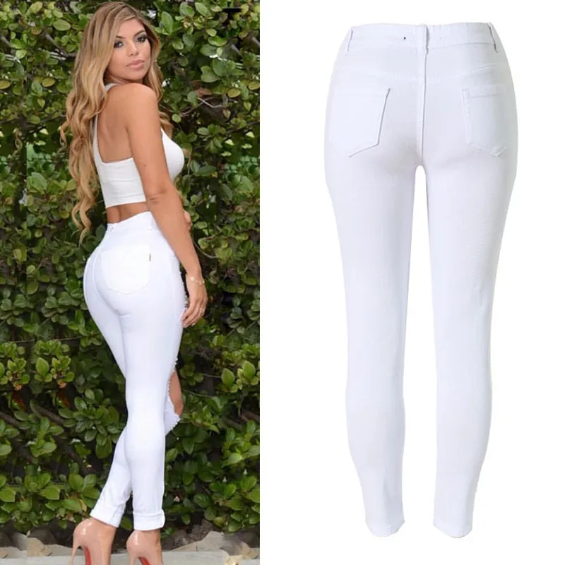 High Waist Stretch Denim White or Black Knee Ripped Jeans